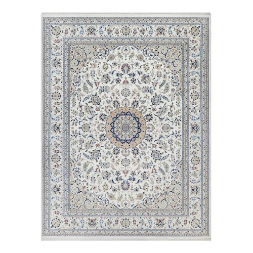 Cotton White, 250 KPSI, Hand Knotted, Nain with Center Flower Design, Wool and Silk, Oversized, Oriental Rug