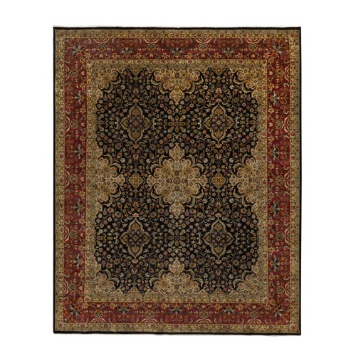 Jet Black, Hand Knotted, Intricate Kashan Revival, Hand Spun New Zealand Wool, 300 KPSI, Oriental 