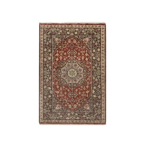 Rust Red with Brown, Antiqued Tabriz with Haji Jalili Design, Hand Knotted, Pure Wool, Vegetable Dyes, Soft Pile, Denser Weave, Sample, Mat, Oriental 