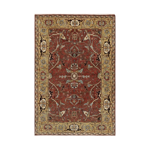 Venetian Red, Antiqued Fine Heriz Re-Creation with All Over Design, Hand Knotted, Soft Pile, Densely Woven, Pure Wool, Oriental Rug