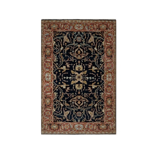 Midnight Blue, All Over Vines Design, Lush and Plush, Organic Wool, Densely Woven, Antiqued Fine Heriz, Re-Creation, Hand Knotted Oriental Rug