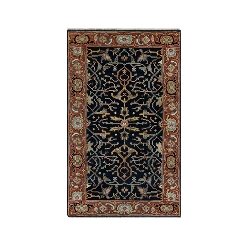 Caviar Blue Antiqued Fine Heriz, Re-Creation, All Over Vines Design, Lush and Plush, Pure Wool, Densely Woven, Hand Knotted Oriental Rug