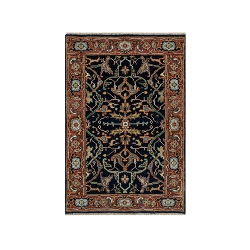 Midnight Blue, Antiqued Fine Heriz, Re-Creation with All Over Vines Design, Soft Pile, Pure Wool, Hand Knotted, Natural Dyes, Mat, Oriental Rug