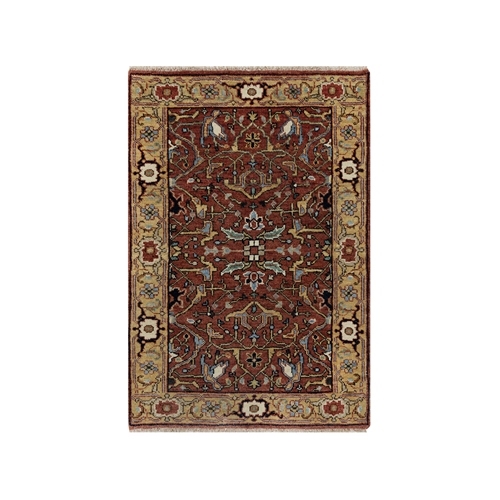 Crimson Red, Antiqued Fine Heriz Re-Creation with All Over Design, Hand Knotted, Soft Pile, Pure Wool, Oriental Mat, Rug