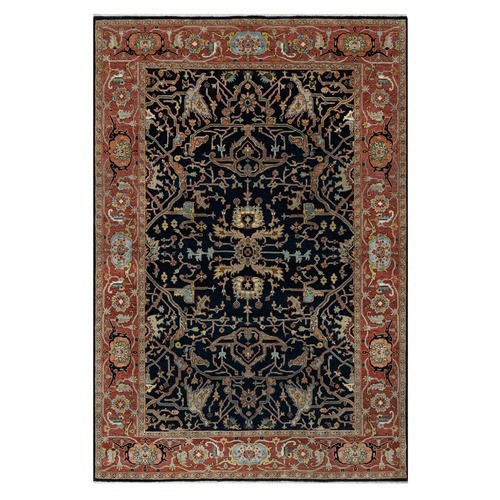 Polo Blue, All Over Vines Design, Lush and Plush, Organic Wool, Densely Woven, Antiqued Fine Heriz, Re-Creation, Hand Knotted Oriental Rug