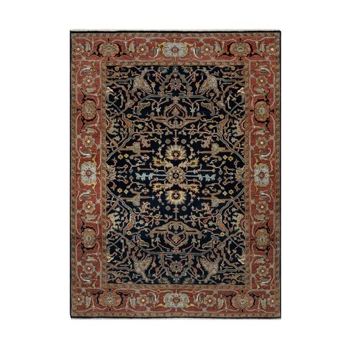 Midnight Blue, Antiqued Fine Heriz, Re-Creation, All Over Vines Design, Soft Pile, Pure Wool, Densely Woven, Hand Knotted Oriental Rug