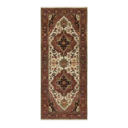 Chiffon White with Red, Antiqued Fine Heriz Re-Creation with Medallion Design, Denser Weave, Hand Spun New Zealand Wool, Hand Knotted, Runner, Oriental Rug