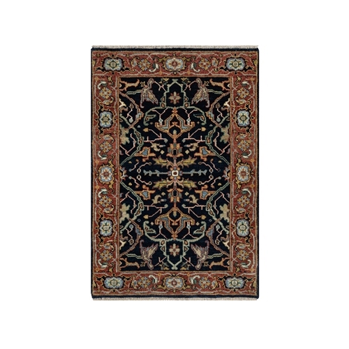 Oxford Blue, Antiqued Fine Heriz Re-Creation with All Over Vines Design, Hand Knotted, Soft Pile, Natural Wool, Mat, Oriental Rug