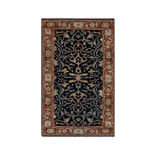 Oxford Blue, Antiqued Fine Heriz Re-Creation with All Over Vines Design, Hand Knotted, Soft Pile, Vegetable Dyes, Natural Wool, Oriental Rug