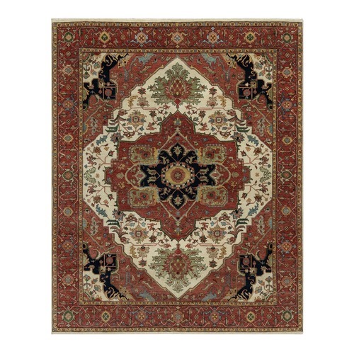 Alabaster White with Red, Denser Weave, Antiqued Fine Heriz Re-Creation with Medallion Design, Hand Spun New Zealand Wool, Hand Knotted, Oriental Rug