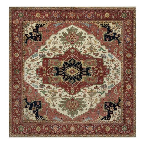 Pearl White with Red, Antiqued Fine Heriz Re-Creation with Medallion Design, Denser Weave, Hand Spun New Zealand Wool, Hand Knotted, Square, Oriental Rug