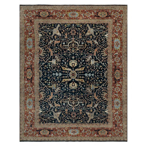 Midnight Blue, Antiqued Fine Heriz Re-Creation with All Over Vines Design, Hand Knotted, Denser Weave, Vegetable Dyes, Natural Wool, Oversized, Oriental Rug