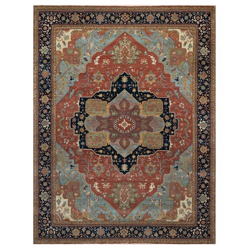 Scarlet Red, Antiqued Fine Heriz Re-Creation with Large Medallion Design, Denser Weave, Hand Knotted, Natural Dyes, Hand Spun New Zealand Wool, Oriental, Oversized Rug