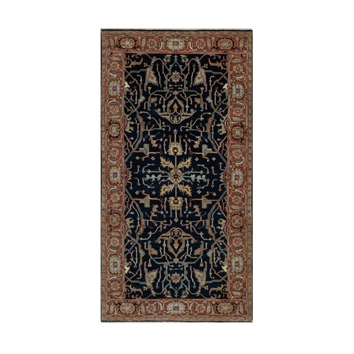 Polo Blue, All Over Vines Design, Lush and Plush, Organic Wool, Densely Woven, Antiqued Fine Heriz, Re-Creation, Hand Knotted, Wide Runner, Oriental Rug