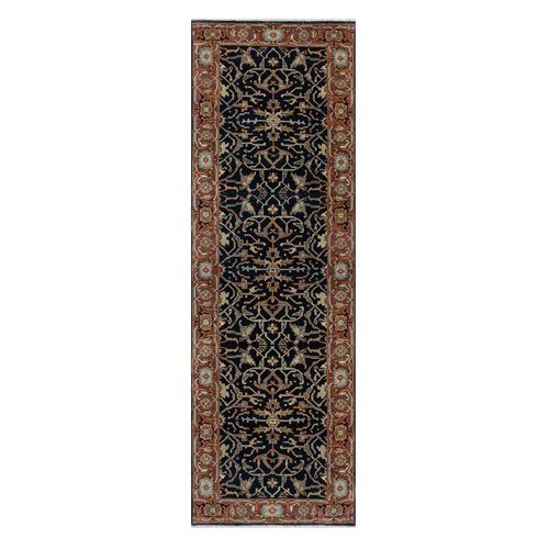 Midnight Blue, Antiqued Fine Heriz Re-Creation with All Over Vines Design, Hand Knotted, Denser Weave, Vegetable Dyes, Natural Wool, Runner, Oriental Rug