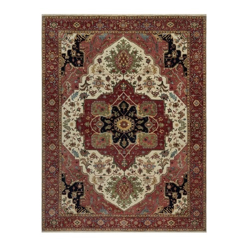 Linen White with Red, Antiqued Fine Heriz Re-Creation with Medallion Design, Denser Weave, Hand Spun New Zealand Wool, Hand Knotted, Oriental Rug