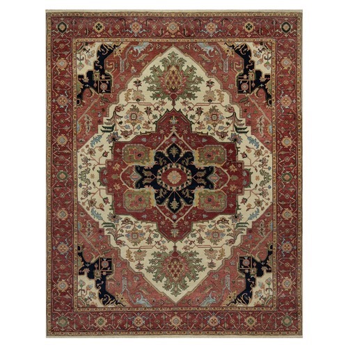 Alabaster White with Red, Antiqued Fine Heriz Re-Creation with Medallion Design, Denser Weave, Hand Spun New Zealand Wool, Hand Knotted, Oriental Rug