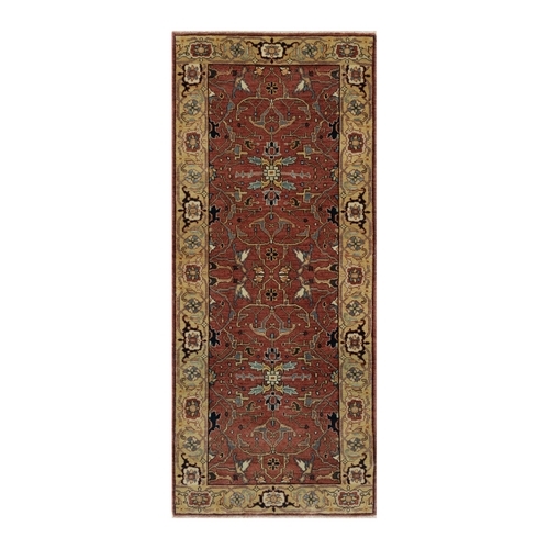 Rubor Red, Plush and Lush All Wool, Hand Knotted, Vegetable Dyes, Antiqued Fine Heriz Re-Creation with All Over Design, Denser Weave, Runner, Oriental Rug