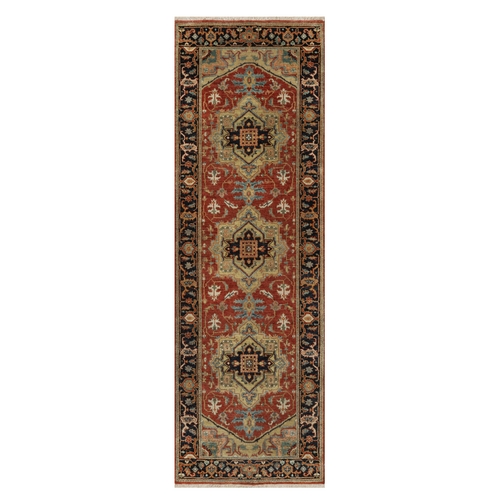 Ruby Red, Hand Spun New Zealand Wool, Heriz Revival with Medallion Design, Densely Woven, Hand Knotted, Runner, Oriental Rug