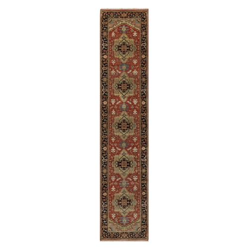 Chili Red, Hand Knotted, Heriz Revival with Medallion Design, Denser Weave, Hand Spun New Zealand Wool, Runner, Oriental Rug