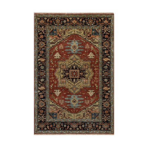 Scarlet Red, Densely Woven, Heriz Revival with Medallion Design, Hand Spun New Zealand Wool, Hand Knotted, Oriental Rug