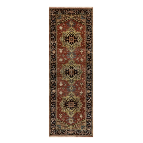 Chili Red, Heriz Revival with Medallion Design, Densely Woven, Hand Spun New Zealand Wool, Hand Knotted, Runner, Oriental Rug