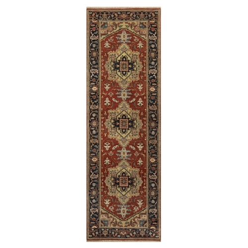 Ruby Red, Hand Knotted, Heriz Revival with Medallion Design, Denser Weave, Hand Spun New Zealand Wool, Runner, Oriental Rug