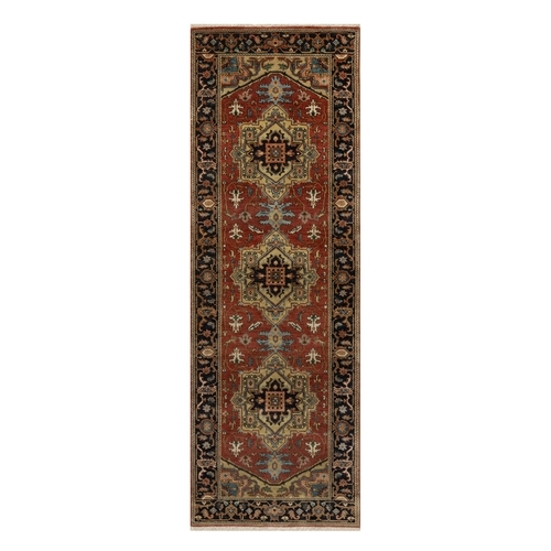 Auburn Red, Hand Knotted, Densely Woven, Heriz Revival with Medallion Design, Hand Spun New Zealand Wool, Runner, Oriental Rug