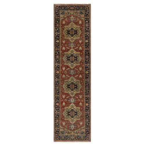 Scarlet Red, Hand Knotted, Heriz Revival with Medallion Design, Denser Weave, Hand Spun New Zealand Wool, Runner, Oriental Rug