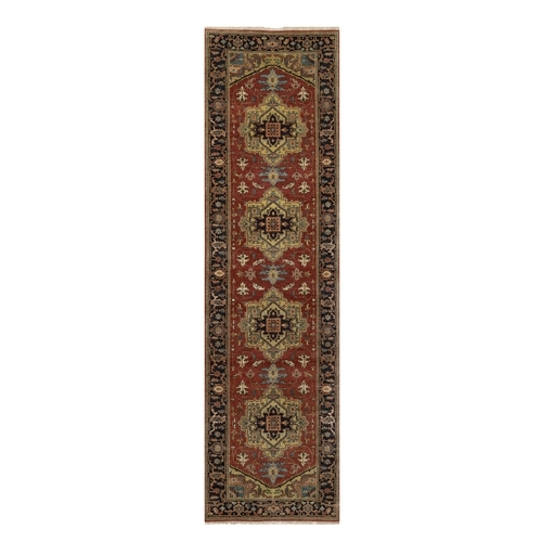 Chili Red, Densely Woven, Hand Spun New Zealand Wool, Heriz Revival with Medallion Design, Hand Knotted, Runner, Oriental Rug