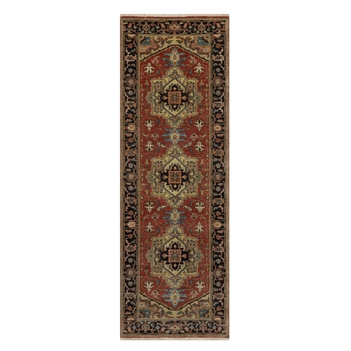 Auburn Red, Heriz Revival with Medallion Design, Hand Spun New Zealand Wool, Densely Woven, Hand Knotted, Runner, Oriental Rug