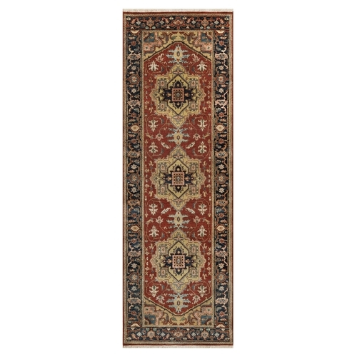 Ruby Red, Denser Weave, Heriz Revival with Medallion Design, Hand Spun New Zealand Wool, Hand Knotted, Runner, Oriental Rug