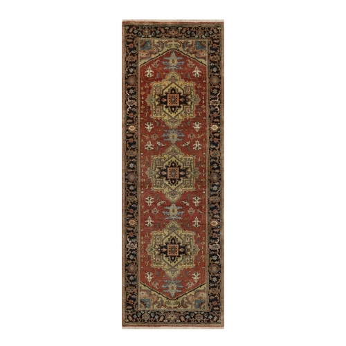 Scarlet Red, Hand Spun New Zealand Wool, Heriz Revival with Medallion Design, Densely Woven, Hand Knotted, Runner, Oriental Rug