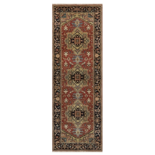 Barn Red, Densely Woven, Heriz Revival with Medallion Design, Hand Spun New Zealand Wool, Hand Knotted, Runner, Oriental Rug