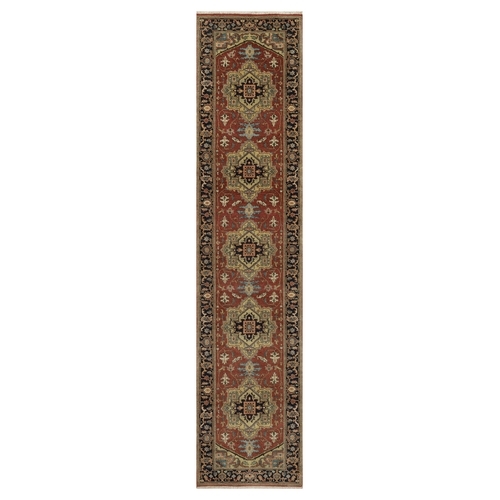 Ruby Red, Hand Knotted, Heriz Revival with Medallion Design, Denser Weave, Hand Spun New Zealand Wool, Runner, Oriental Rug