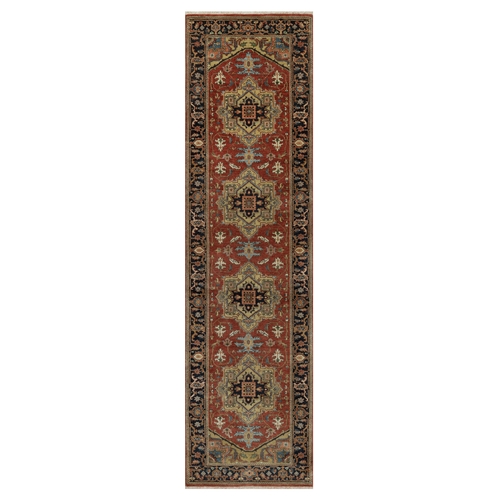 Brick Red, Hand Spun New Zealand Wool, Heriz Revival with Geometric Medallion Design, Denser Weave, Hand Knotted, Runner, Oriental Rug