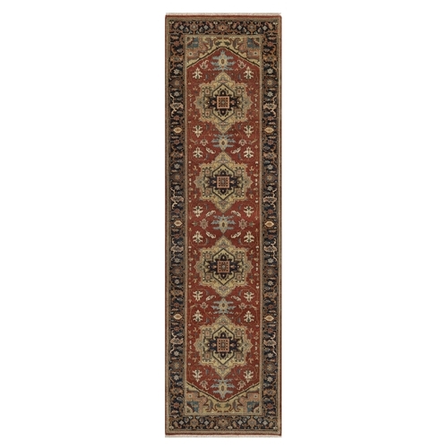 Auburn Red, Heriz Revival with Medallion Design, Denser Weave, Hand Spun New Zealand Wool, Hand Knotted, Runner, Oriental Rug