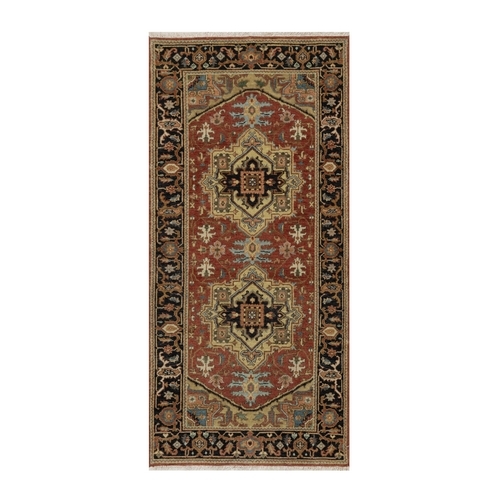 Chili Red, Denser Weave, Heriz Revival with Medallion Design, Hand Spun New Zealand Wool, Hand Knotted, Runner, Oriental Rug