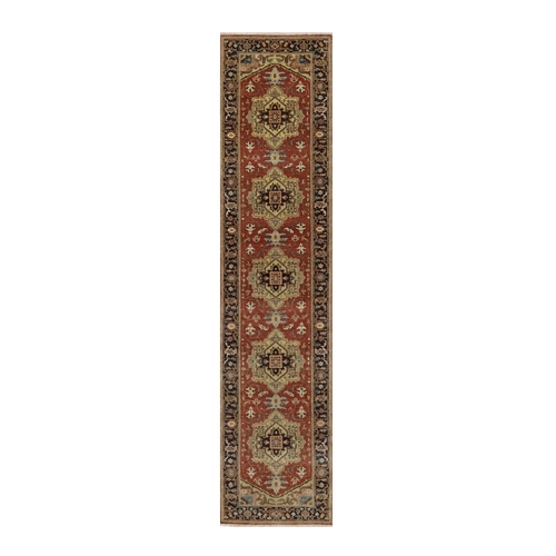 Auburn Red, Heriz Revival with Medallion Design, Denser Weave, Hand Spun New Zealand Wool, Hand Knotted, Runner, Oriental Rug