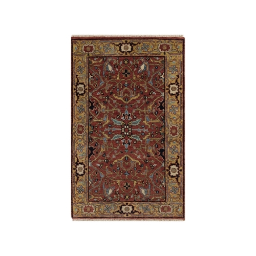 Auburn Red, Hand Knotted, Antiqued Fine Heriz Re-Creation with All Over Vines Design, Hand Spun New Zealand Wool, Vegetable Dyes, Mat, Sample, Oriental 