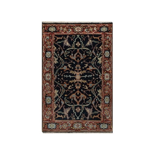 Midnight Blue, Antiqued Fine Heriz Re-Creation with All Over Vines Design, Hand Knotted, Hand Spun New Zealand Wool, Vegetable Dyes, Mat, Sample, Oriental Rug