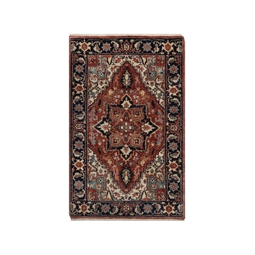 Barn Red, Antiqued Fine Heriz Re-Creation with Star Medallion Design, Hand Spun New Zealand Wool, Hand Knotted, Soft and Plush, Sample, Mat, Oriental 