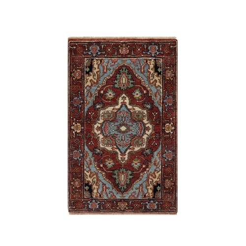 Brick Red, Antiqued Fine Heriz Re-Creation, Hand Spun New Zealand Wool, Hand Knotted, Soft Pile, Vegetable Dyes, Mat, Sample, Oriental 