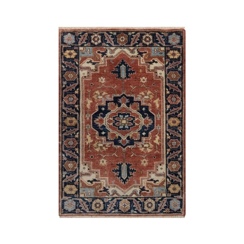 Brick Red, Antiqued Fine Heriz Re-Creation, Medallion Design, Hand Knotted, Soft Pile, Hand Spun New Zealand Wool, Vegetable Dyes, Mat, Sample, Oriental 