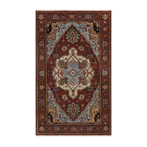 Brick Red, Antiqued Fine Heriz Re-Creation, Medallion Design, Hand Knotted, Soft Pile, Hand Spun New Zealand Wool, Vegetable Dyes, Oriental 