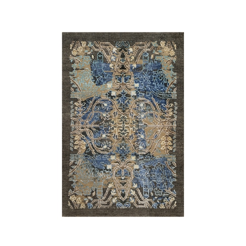 Tortilla Brown with Blue, Broken and Erased Persian Sarouk Design, Wool and Silk, Hand Knotted, Mat, Oriental 