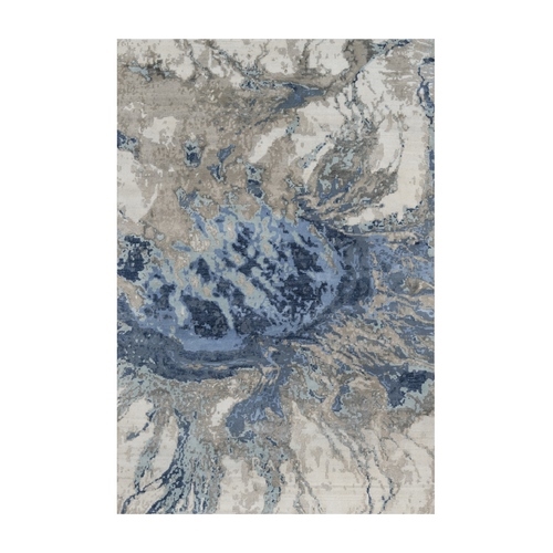 Denim Blue with Ivory, Lush and Plush, Abstract Design, Wool and Silk, Hi-low Pile, Hand Knotted, Oriental Rug