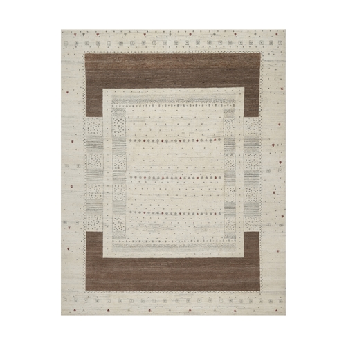 Linen White with Brown, Lori Buft Gabbeh with Small Animal Figurines, Modern Striae Design, Thick and Plush, Soft Pile, Organic Wool, Hand Knotted, Oriental 