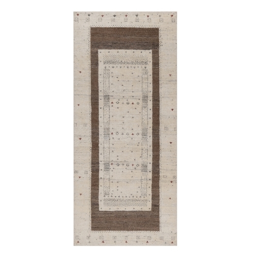 Alabaster White, Modern Striae Design with Small Animal Figurines, Soft Wool, Thick and Plush, Soft Pile, Hand Knotted, Lori Buft Gabbeh, Runner, Oriental 