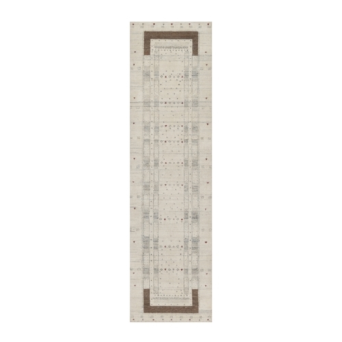 Chiffon White with Brown, Thick and Plush, Modern Striae Design, Lori Buft Gabbeh with Small Animal Figurines, Soft Pile, Organic Wool, Hand Knotted, Runner, Oriental 